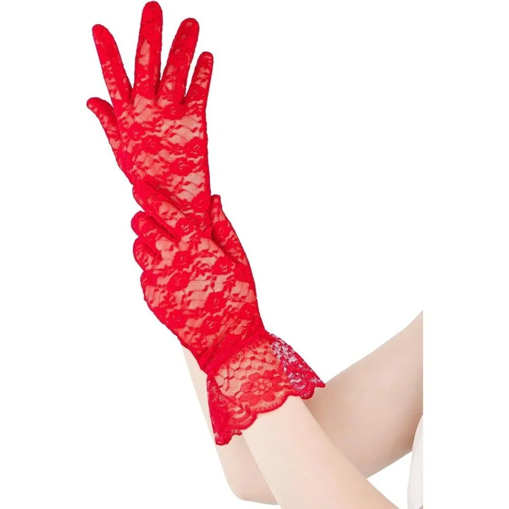 Women's Red Short Nylon Mesh Imported Nylon Sheer Lace Ruffles Gloves